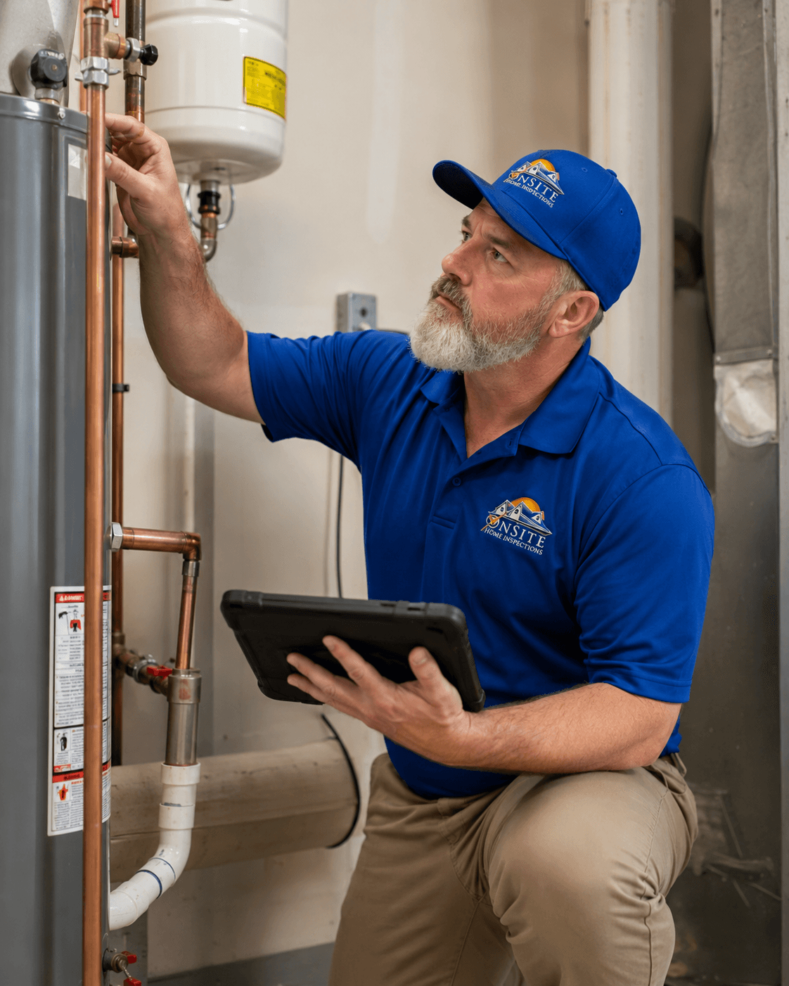 Inspector examining pool pump and heater equipment pad