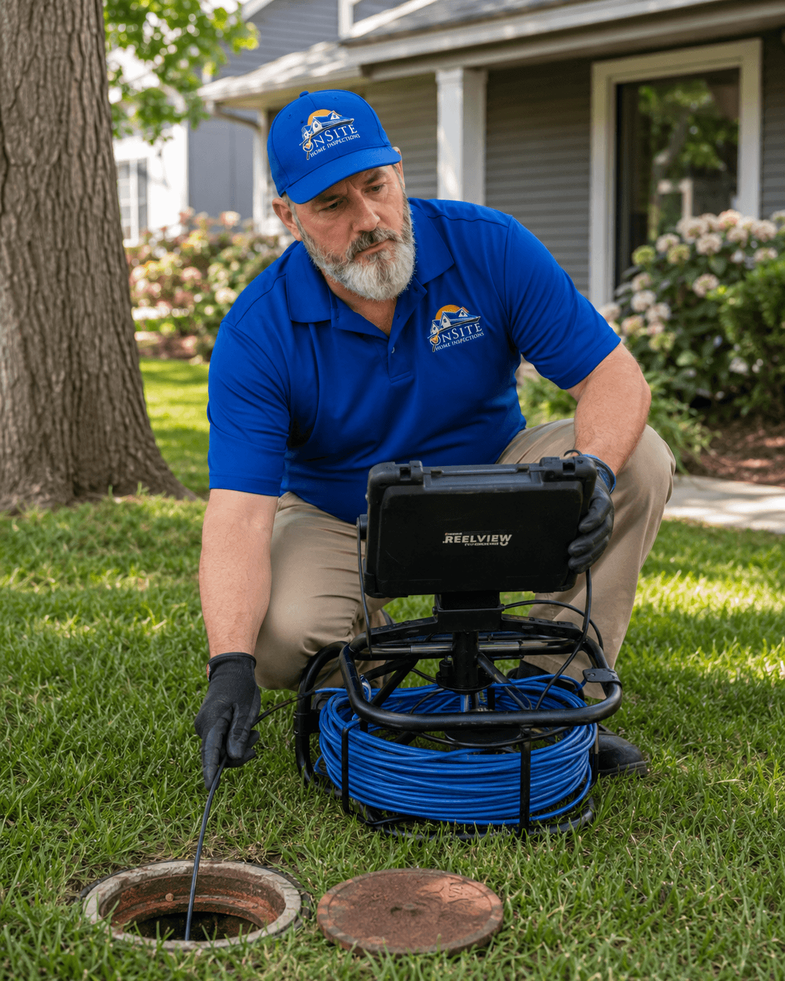 Inspector feeding sewer scope camera into exterior cleanout pipe