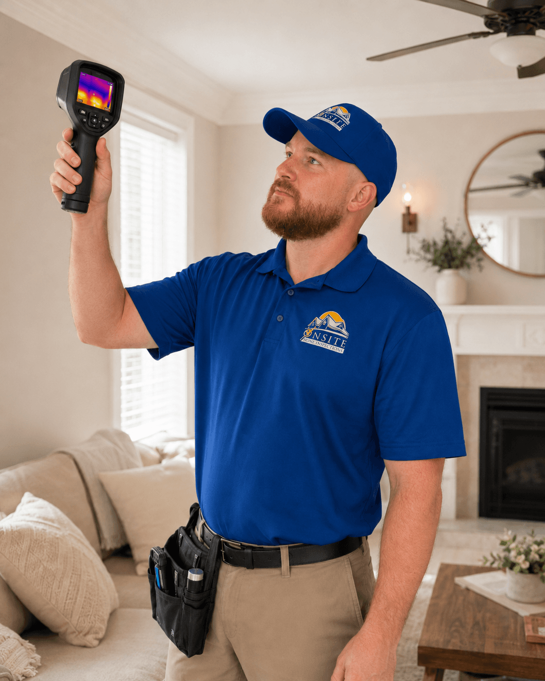 Inspector pointing thermal camera at interior wall, screen showing colored heat signature