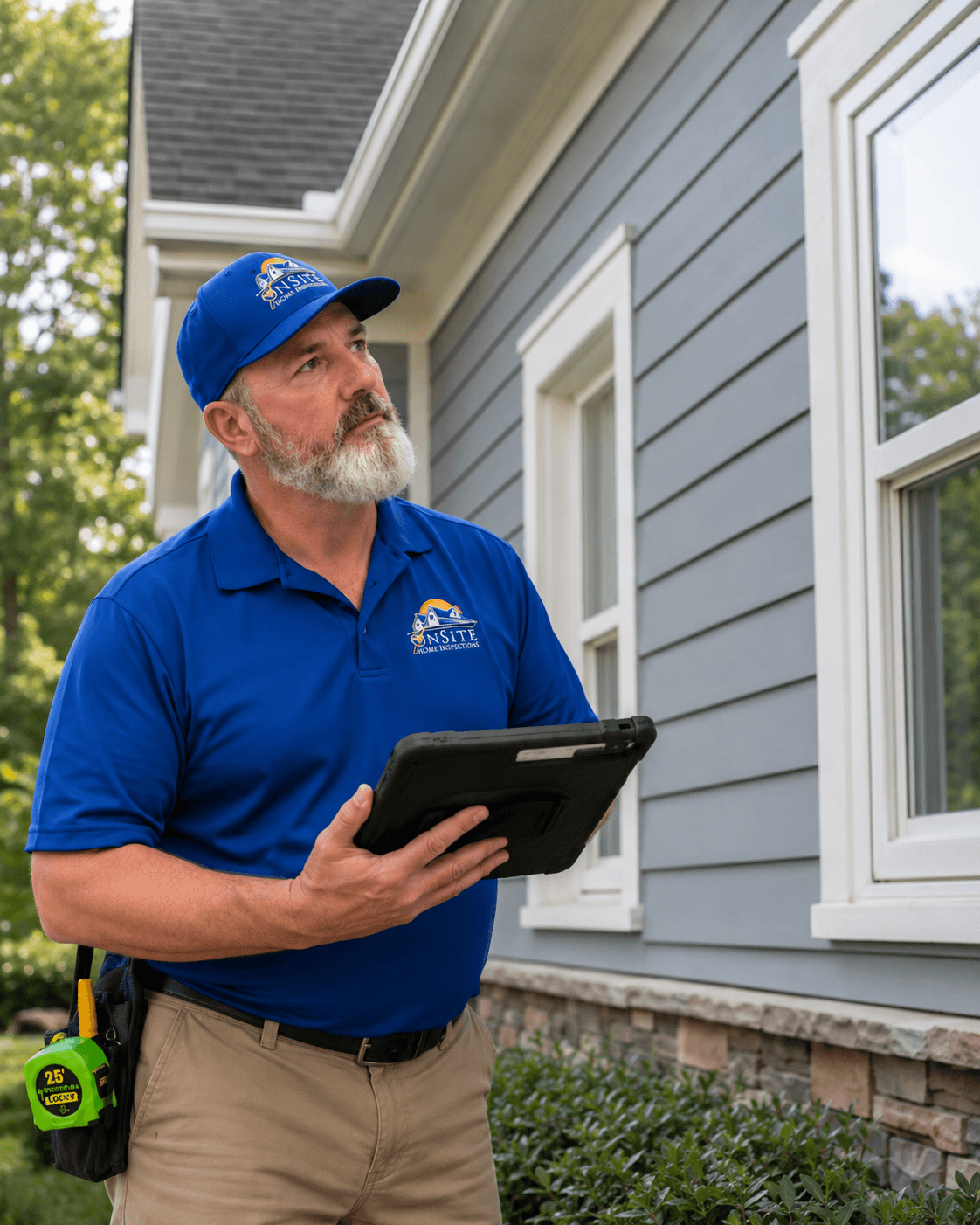Inspector with clipboard checking exterior of a Utah home